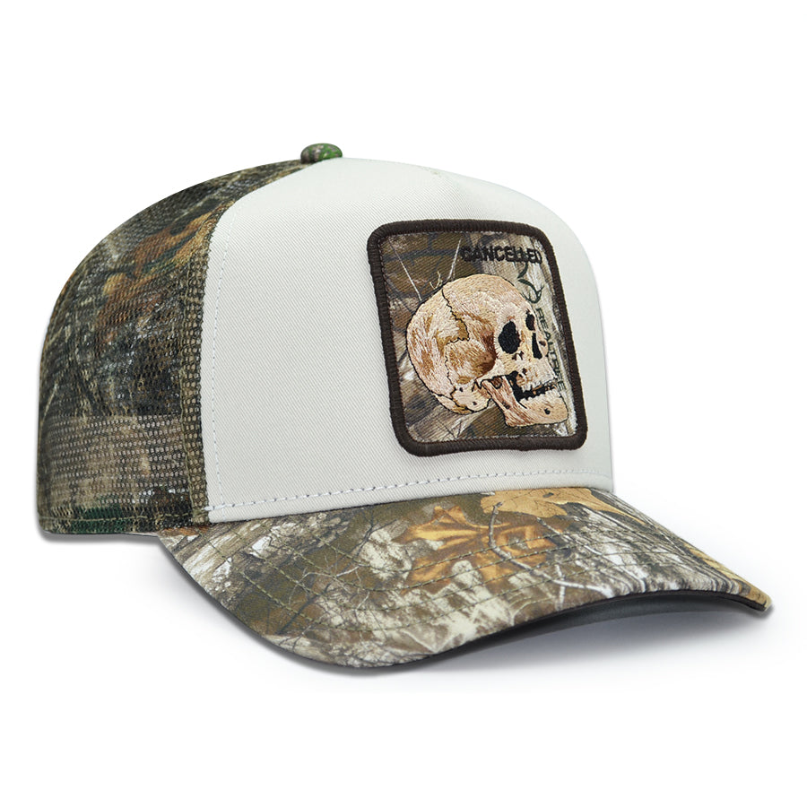 CANCELLED SKULL Real Tree Edge Goorin Bros Mesh Trucker Snapback Hat - Cream/Real Tree Camo