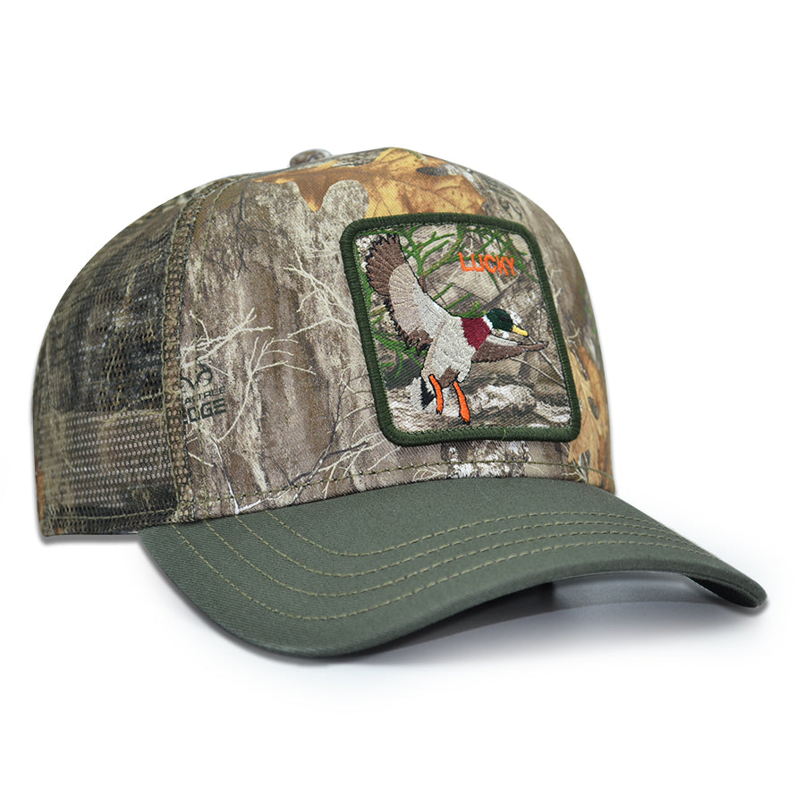 LUCKY DUCK Real Tree Edge Goorin Bros Mesh Trucker Snapback Hat - Real Tree Camo/Beige