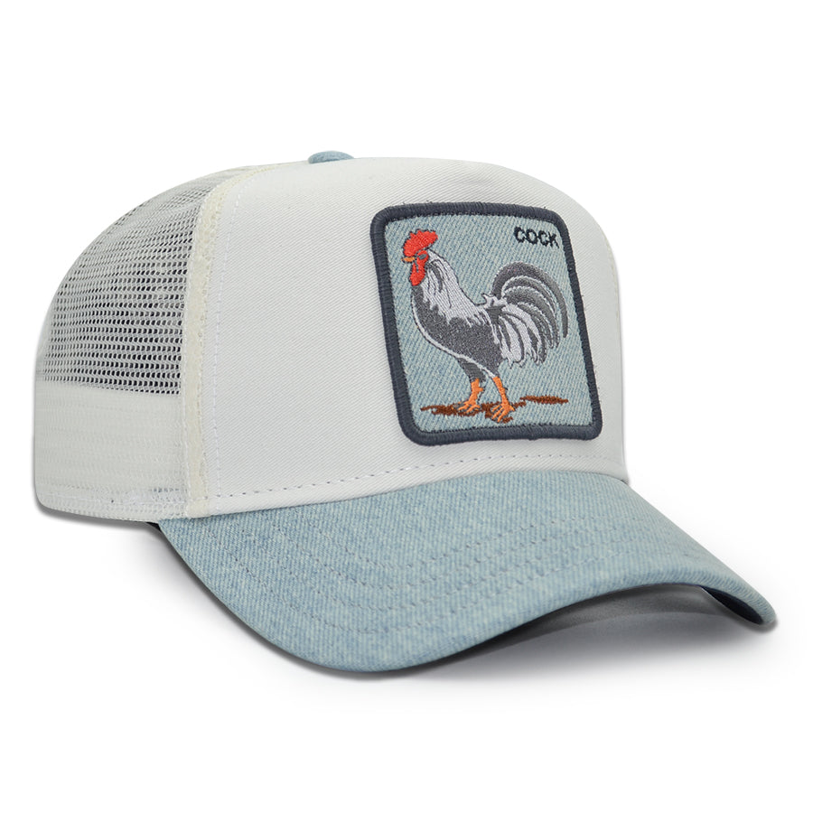 DENIM ROOSTER COCK Goorin Bros Mesh Trucker Snapback Hat - Dust/Light Denim
