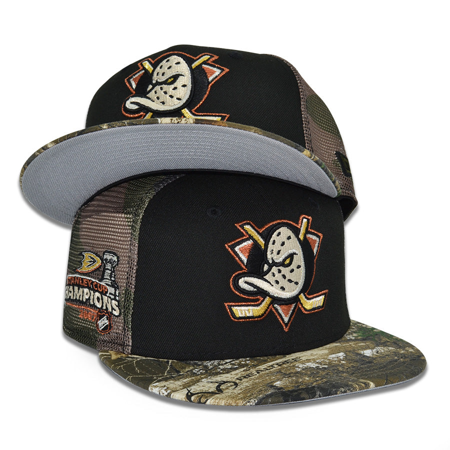 Anaheim Ducks "DUCK'S ESCAPE" Exclusive New Era 59Fifty Fitted Hat - Black/Real Tree/Woodland Camo Mesh