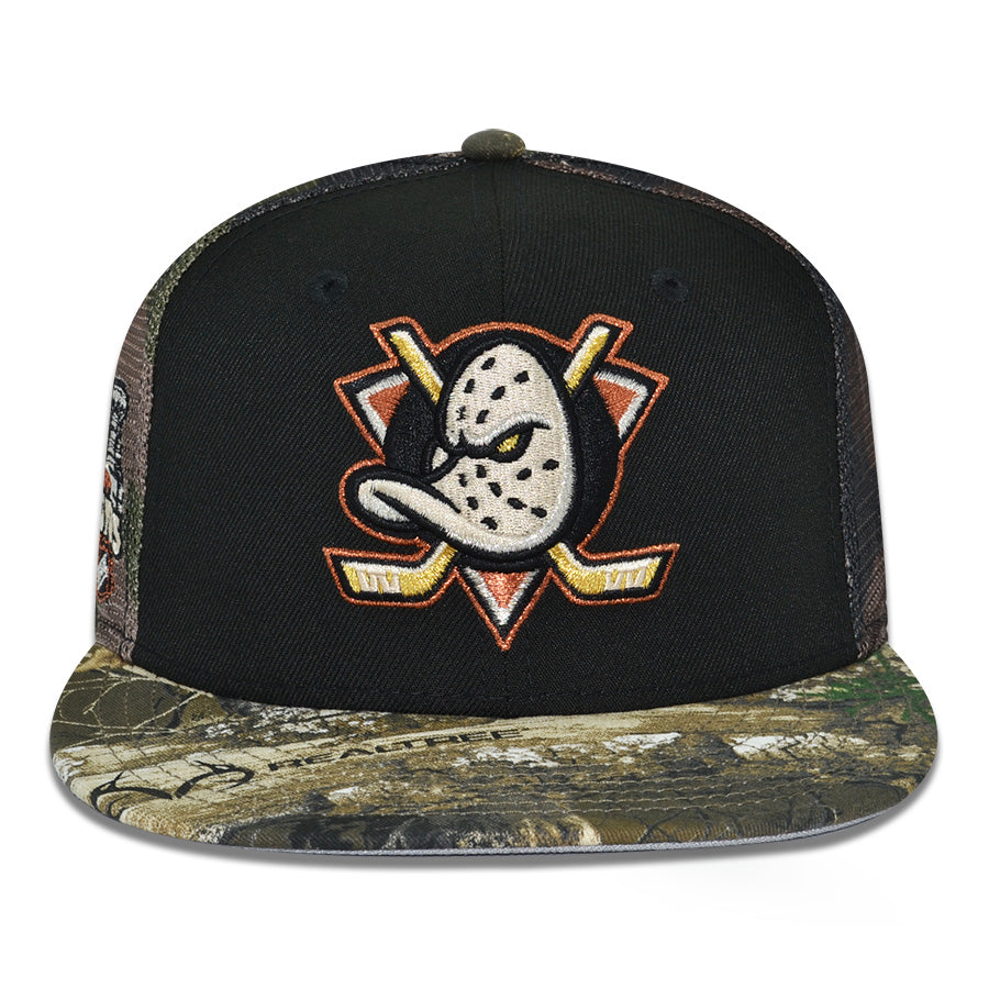 Anaheim Ducks "DUCK'S ESCAPE" Exclusive New Era 59Fifty Fitted Hat - Black/Real Tree/Woodland Camo Mesh
