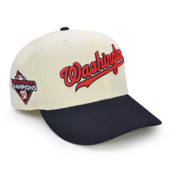 Washington Nationals Script 2019 WORLD SERIES CHAMPIONS Exclusive New Era 59Fifty Fitted Hat –Chrome/Navy