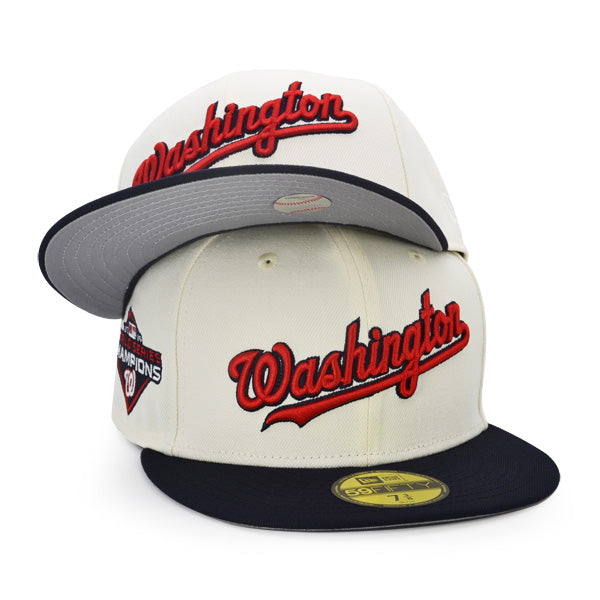 Washington Nationals Script 2019 WORLD SERIES CHAMPIONS Exclusive New Era 59Fifty Fitted Hat –Chrome/Navy