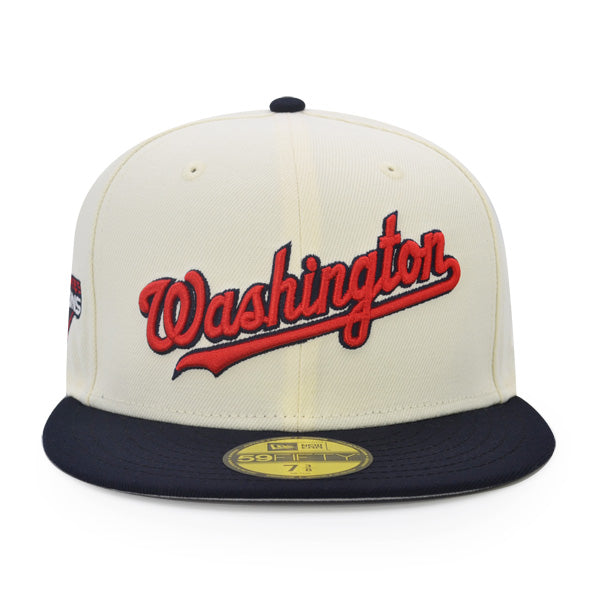 Washington Nationals Script 2019 WORLD SERIES CHAMPIONS Exclusive New Era 59Fifty Fitted Hat –Chrome/Navy