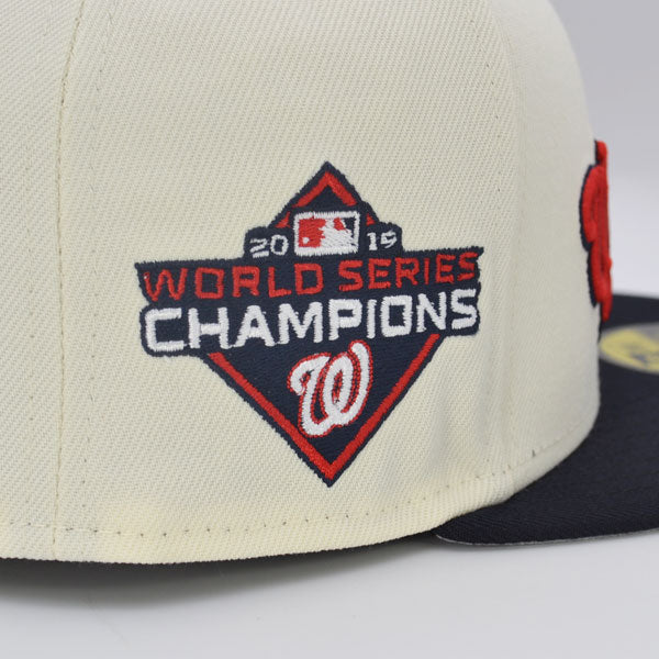 Washington Nationals Script 2019 WORLD SERIES CHAMPIONS Exclusive New Era 59Fifty Fitted Hat –Chrome/Navy