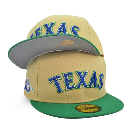 Texas Rangers 50th ANNIVERSARY Exclusive New Era 59Fifty Fitted Hat - Vegas Gold/Bot Green