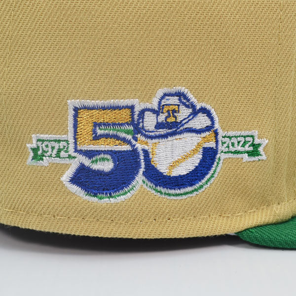 Texas Rangers 50th ANNIVERSARY Exclusive New Era 59Fifty Fitted Hat - Vegas Gold/Bot Green