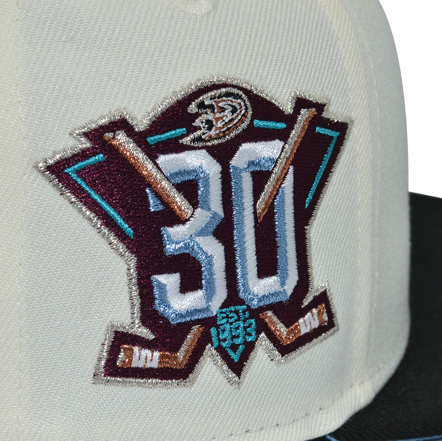 Anaheim Ducks "KNUCKLEPUCK" Exclusive New Era 59Fifty Fitted Hat - Chrome/Black Icy