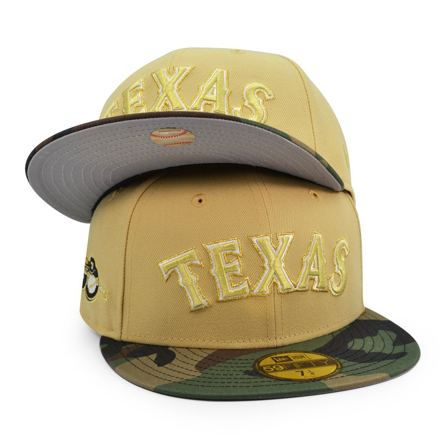 Texas Rangers 50th ANNIVERSARY Exclusive New Era 59Fifty Fitted Hat - Vegas Gold/Woodland Camo