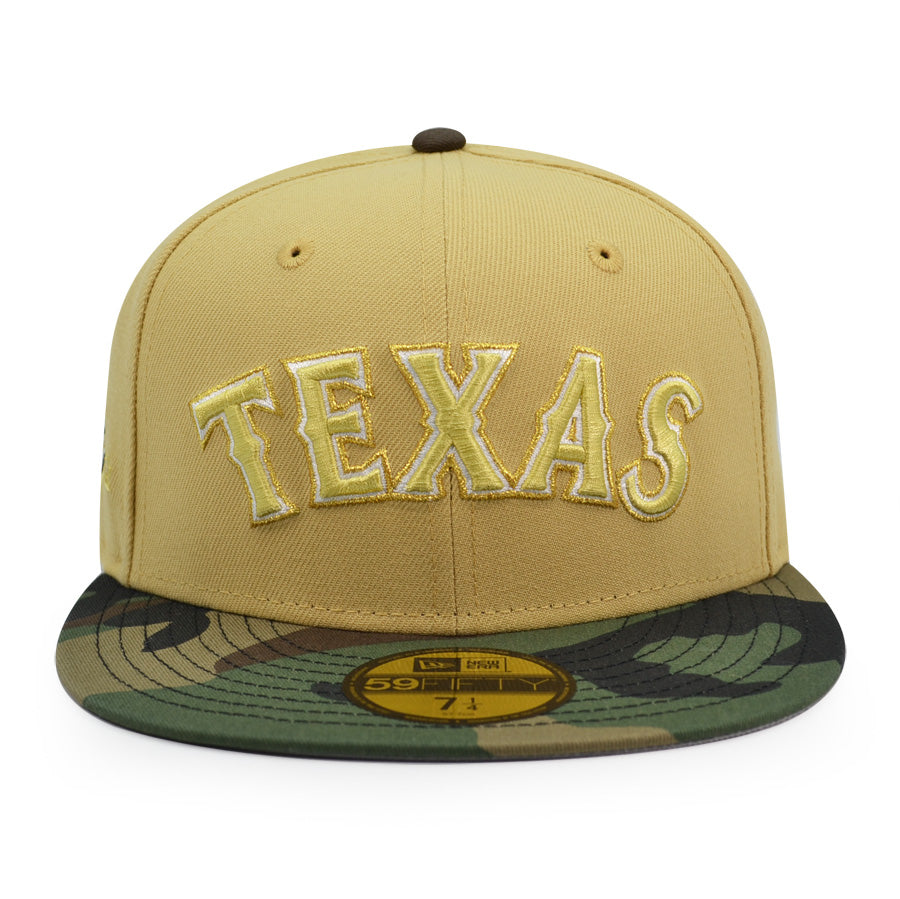 Texas Rangers 50th ANNIVERSARY Exclusive New Era 59Fifty Fitted Hat - Vegas Gold/Woodland Camo