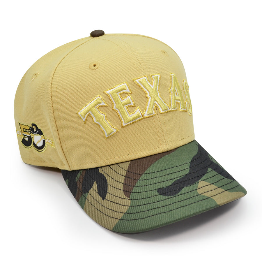 Texas Rangers 50th ANNIVERSARY Exclusive New Era 59Fifty Fitted Hat - Vegas Gold/Woodland Camo