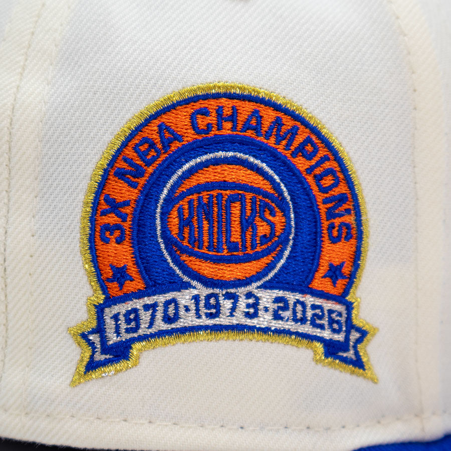 New York Knicks "3X WORLD CHAMPIONS" Exclusive New Era 59FIFTY Fitted Hat - Chrome/Majestic