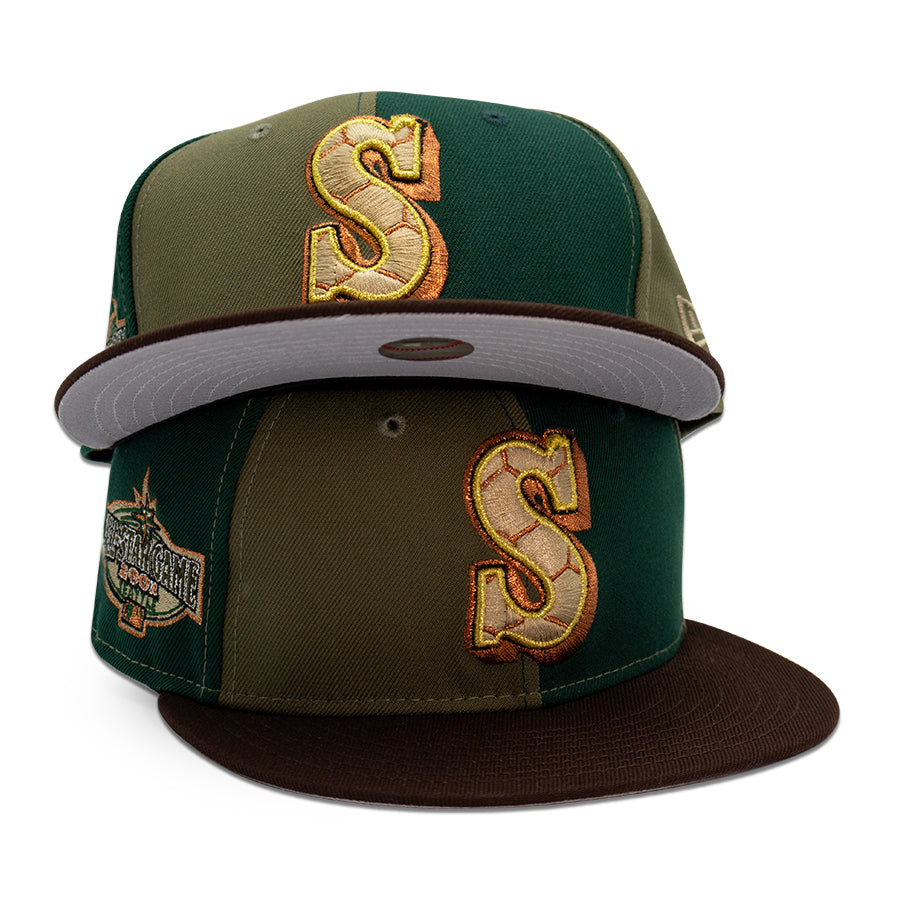 Seattle Mariners "SANDMAN" Exclusive Pinwheel New Era 59FIFTY Fitted Hat = Dark Green/New Olive/Walnut