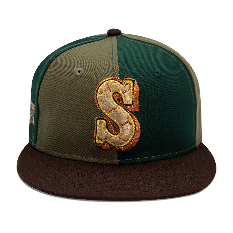 Seattle Mariners "SANDMAN" Exclusive Pinwheel New Era 59FIFTY Fitted Hat = Dark Green/New Olive/Walnut