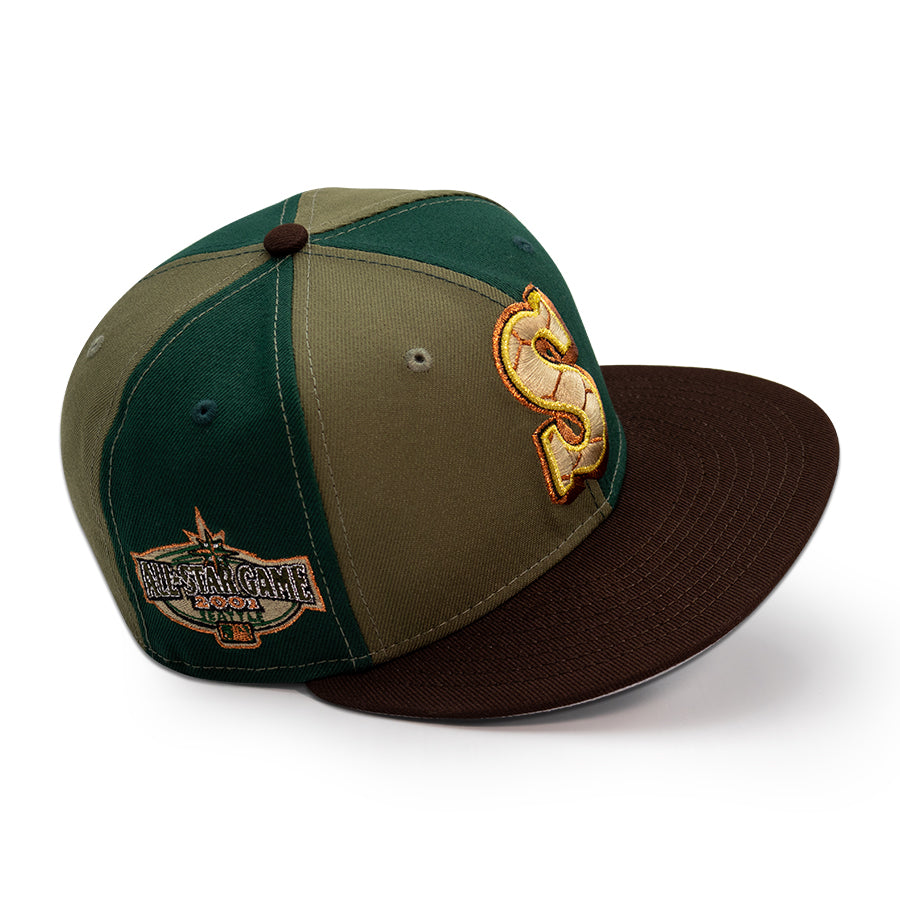 Seattle Mariners "SANDMAN" Exclusive Pinwheel New Era 59FIFTY Fitted Hat = Dark Green/New Olive/Walnut