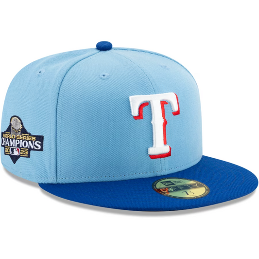 Texas Rangers 2023 WORLD SERIES CHAMPIONS On-Field New Era 59Fifty Fitted Hat - Sky/Royal