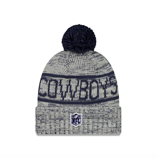 Dallas Cowboys New Era 2025 NFL Sideline Sport Cuffed Pom Knit Hat - Graphite/Blue