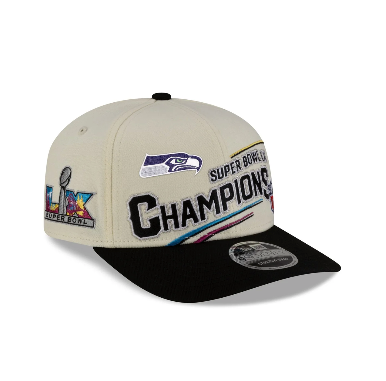 Seattle Seahawks Super Bowl LX Champions Locker Room 9SEVENTY Stretch Snapback Hat - Chrome/Black