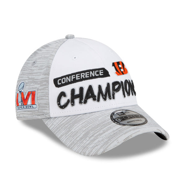 Cincinnati Bengals New Era 2021 AFC Champions Locker Room 9FORTY Snapback Adjustable Hat - White/Heathered Gray