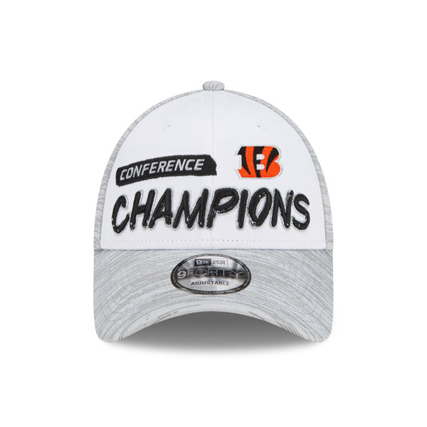 Cincinnati Bengals New Era 2021 AFC Champions Locker Room 9FORTY Snapback Adjustable Hat - White/Heathered Gray