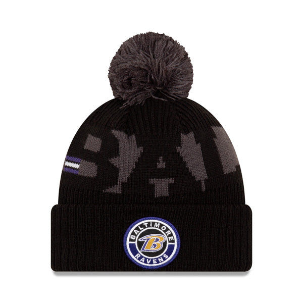 Baltimore Ravens New Era 2020 NFL Sideline Official Sport Pom Cuffed Knit Hat
