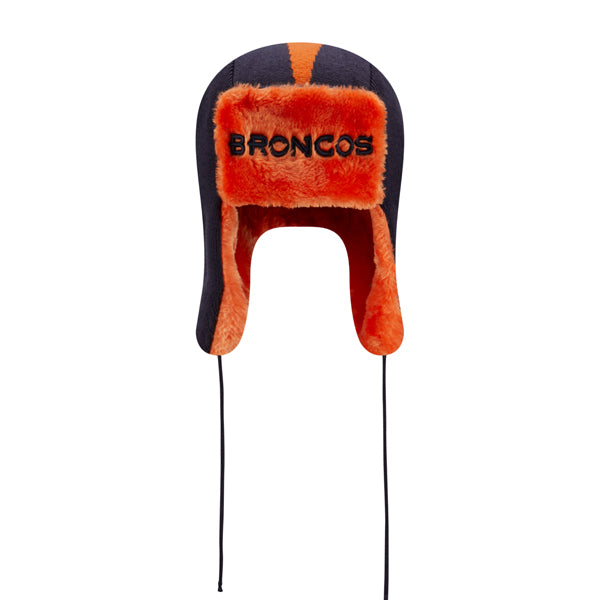 Denver Broncos New Era NFL Helmet Head Trapper Knit Hat - Navy/Orange