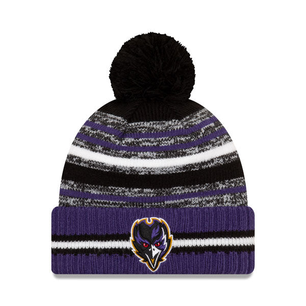 Baltimore Ravens New Era 2021 Official NFL Sideline Sport Pom Cuffed Knit Hat