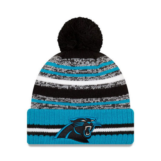 Carolina Panthers New Era 2021 Official NFL Sideline Sport Pom Cuffed Knit Hat
