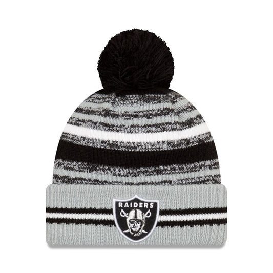 Las Vegas Raiders New Era 2021 Official NFL Sideline Sport Pom Cuffed Knit Hat