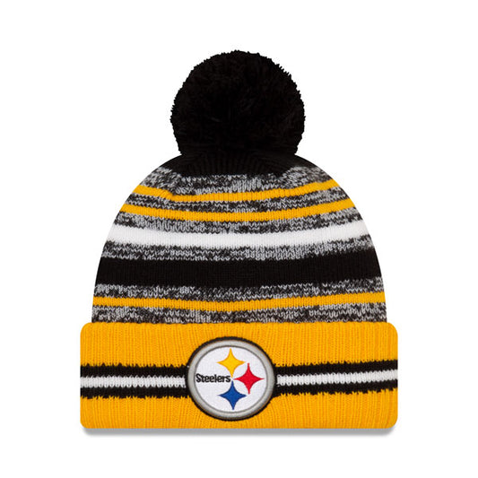 Pittsburgh Steelers New Era 2021 Official NFL Sideline Sport Pom Cuffed Knit Hat