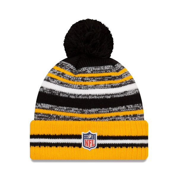 Pittsburgh Steelers New Era 2021 Official NFL Sideline Sport Pom Cuffed Knit Hat