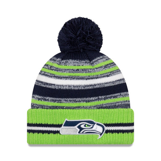 Seattle Seahawks New Era 2021 Official NFL Sideline Sport Pom Cuffed Knit Hat