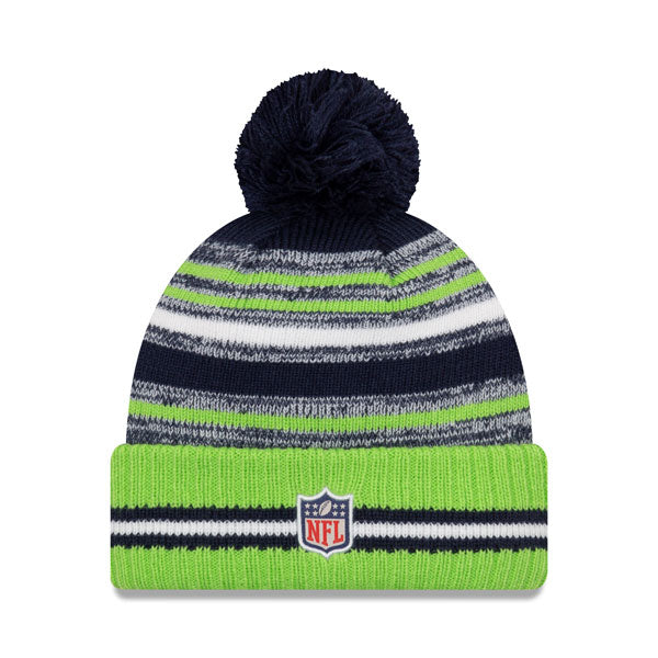 Seattle Seahawks New Era 2021 Official NFL Sideline Sport Pom Cuffed Knit Hat