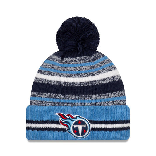 Tennessee Titans New Era 2021 Official NFL Sideline Sport Pom Cuffed Knit Hat