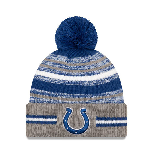 Indianapolis Colts New Era 2021 Official NFL Sideline Sport Pom Cuffed Knit Hat