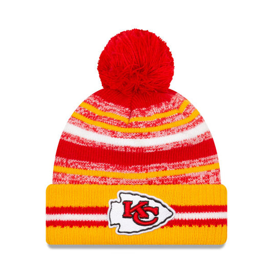 Kansas City Chiefs New Era 2021 Official NFL Sideline Sport Pom Cuffed Knit Hat