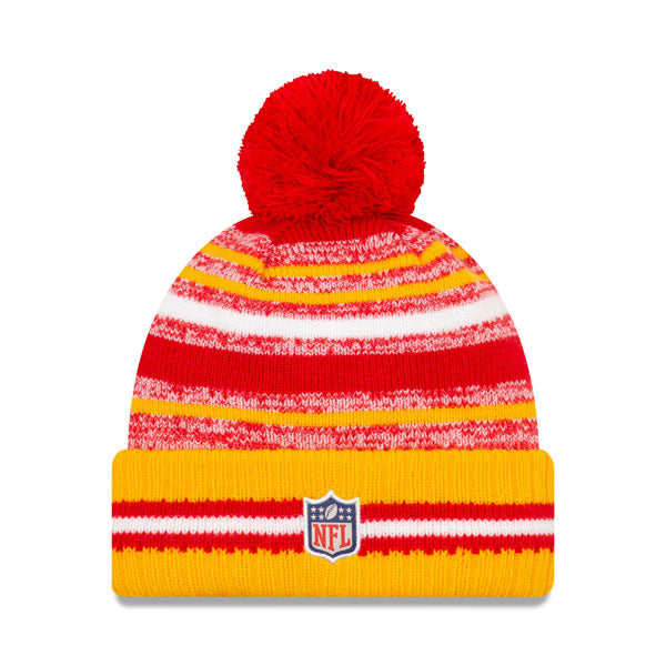 Kansas City Chiefs New Era 2021 Official NFL Sideline Sport Pom Cuffed Knit Hat