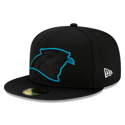 Carolina Panthers New Era 2021 NFL Official Sideline ROAD 59FIFTY Fitted Hat - Black/Panthers Blue