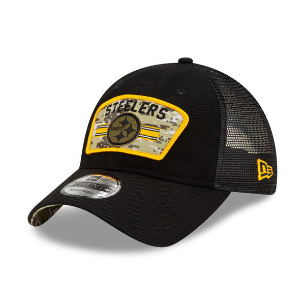 Pittsburgh Steelers New Era 2021 Salute To Service Trucker 9TWENTY Adjustable Hat - Black