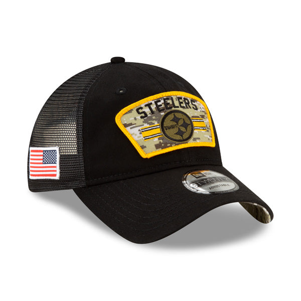 Pittsburgh Steelers New Era 2021 Salute To Service Trucker 9TWENTY Adjustable Hat - Black