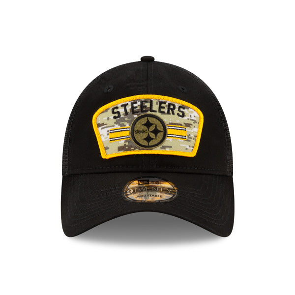 Pittsburgh Steelers New Era 2021 Salute To Service Trucker 9TWENTY Adjustable Hat - Black