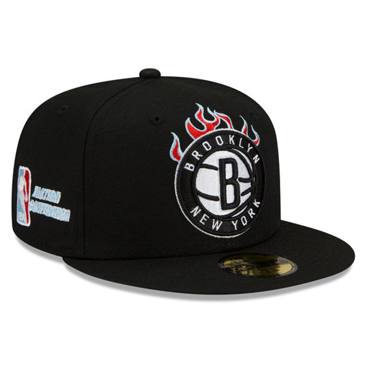 Brooklyn Nets NBA EASTERN CONFERENCE Exclusive New Era ON-FIRE 59Fifty Fitted Hat - Black/Sky Bottom