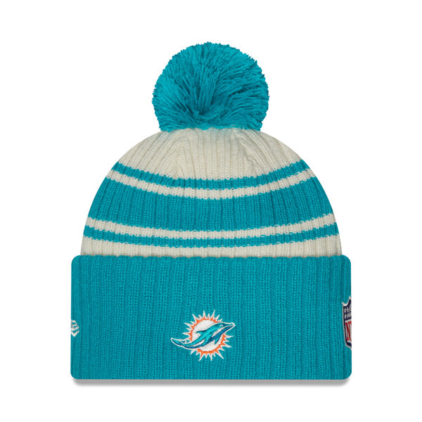 Miami Dolphins New Era 2022 Sideline Sport Cuffed Pom Knit Hat - Cream/Aqua