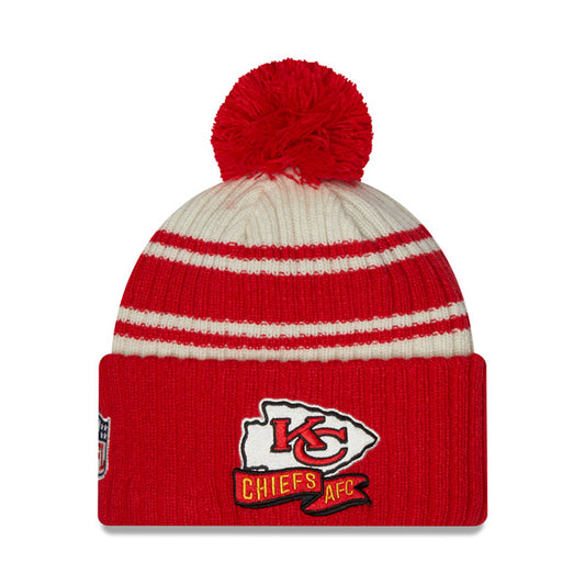 Kansas City Chiefs New Era 2022 Sideline Sport Cuffed Pom Knit Hat - Cream/Red