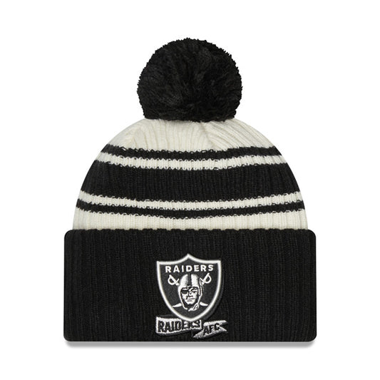 Las Vegas Raiders New Era 2022 Sideline Sport Cuffed Pom Knit Hat - Cream/Black