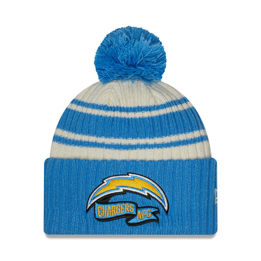 Los Angeles Chargers New Era 2022 Sideline Sport Cuffed Pom Knit Hat - Cream/Sky