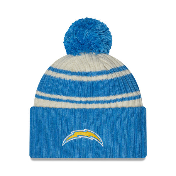 Los Angeles Chargers New Era 2022 Sideline Sport Cuffed Pom Knit Hat - Cream/Sky