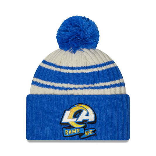 Los Angeles Rams New Era 2022 Sideline Sport Cuffed Pom Knit Hat - Cream/Royal