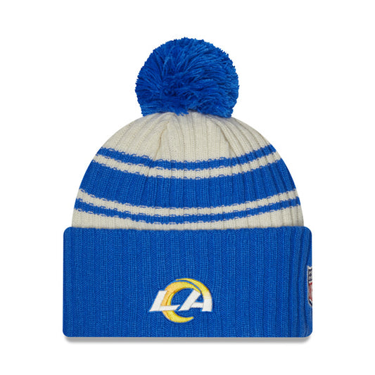Los Angeles Rams New Era 2022 Sideline Sport Cuffed Pom Knit Hat - Cream/Royal
