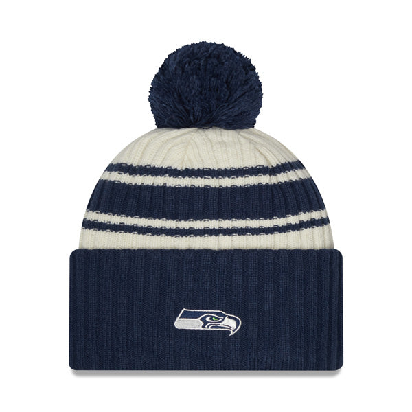 Seattle Seahawks New Era 2022 Sideline Sport Cuffed Pom Knit Hat - Cream/Navy